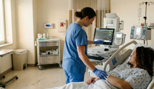 A nurse in blue scrubs monitors a fetal heart rate screen while standing beside a pregnant woman lying in a hospital bed, depicting labor and delivery care in a hospital setting where understaffing can contribute to birth injuries.