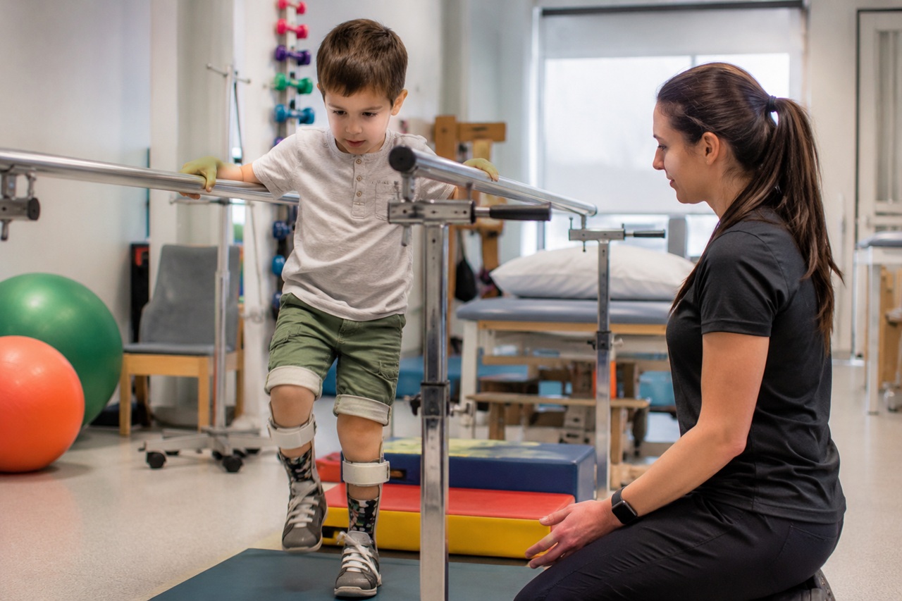 A young boy wearing leg braces uses parallel bars to practice walking during a physical therapy session in Ohio, while a female therapist kneels beside him encouragingly in a bright rehabilitation clinic.