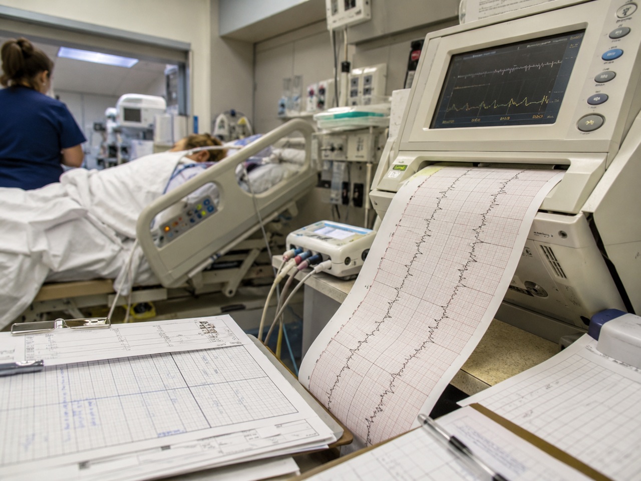 A medical monitor displays vitals and continuously prints a long paper strip chart tracking readings in the foreground, while a patient lies in a hospital bed with medical staff nearby in the blurred background of a labor and delivery room.