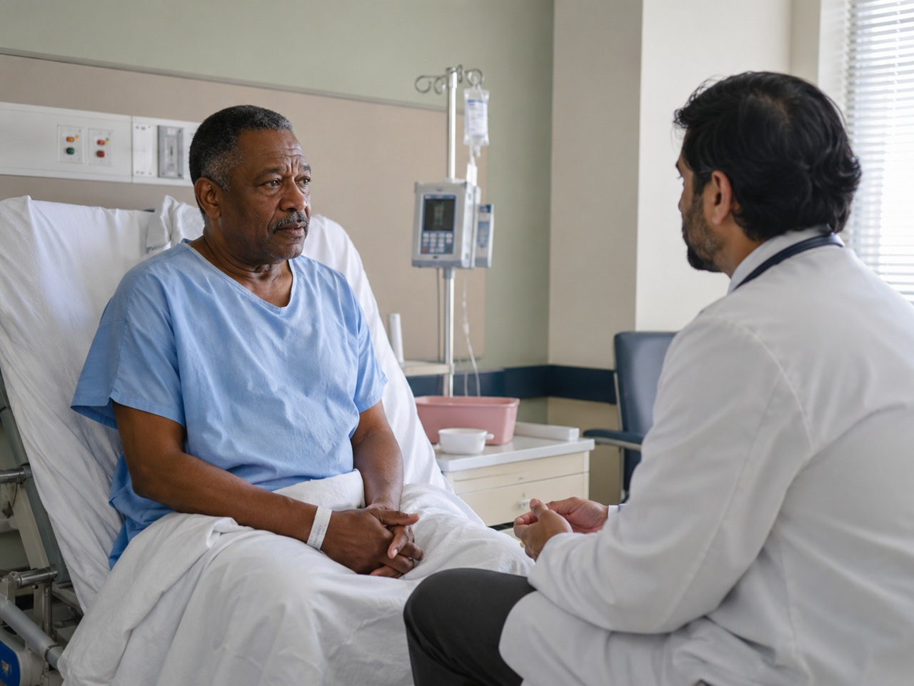 An older male patient in a hospital gown sits up in a hospital bed and listens with a serious expression as a physician speaks with him, depicting a doctor-patient conversation about a medical error or unexpected outcome.