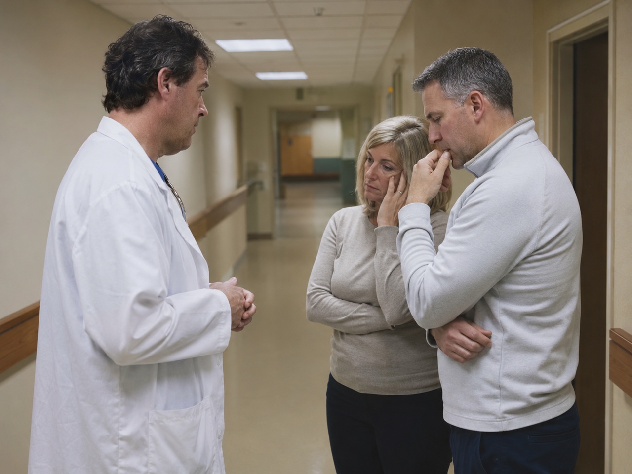 A doctor speaking with a distressed couple in a hospital hallway in Ohio, illustrating a physician apology or disclosure conversation relevant to Ohio's medical malpractice apology law.