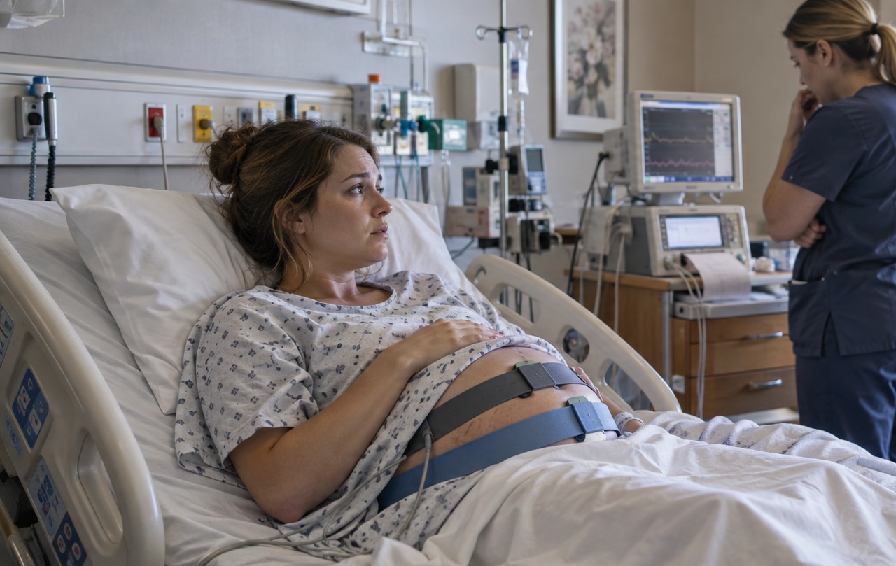 Pregnant woman undergoing fetal heart rate monitoring while a concerned nurse reviews the monitor during labor.